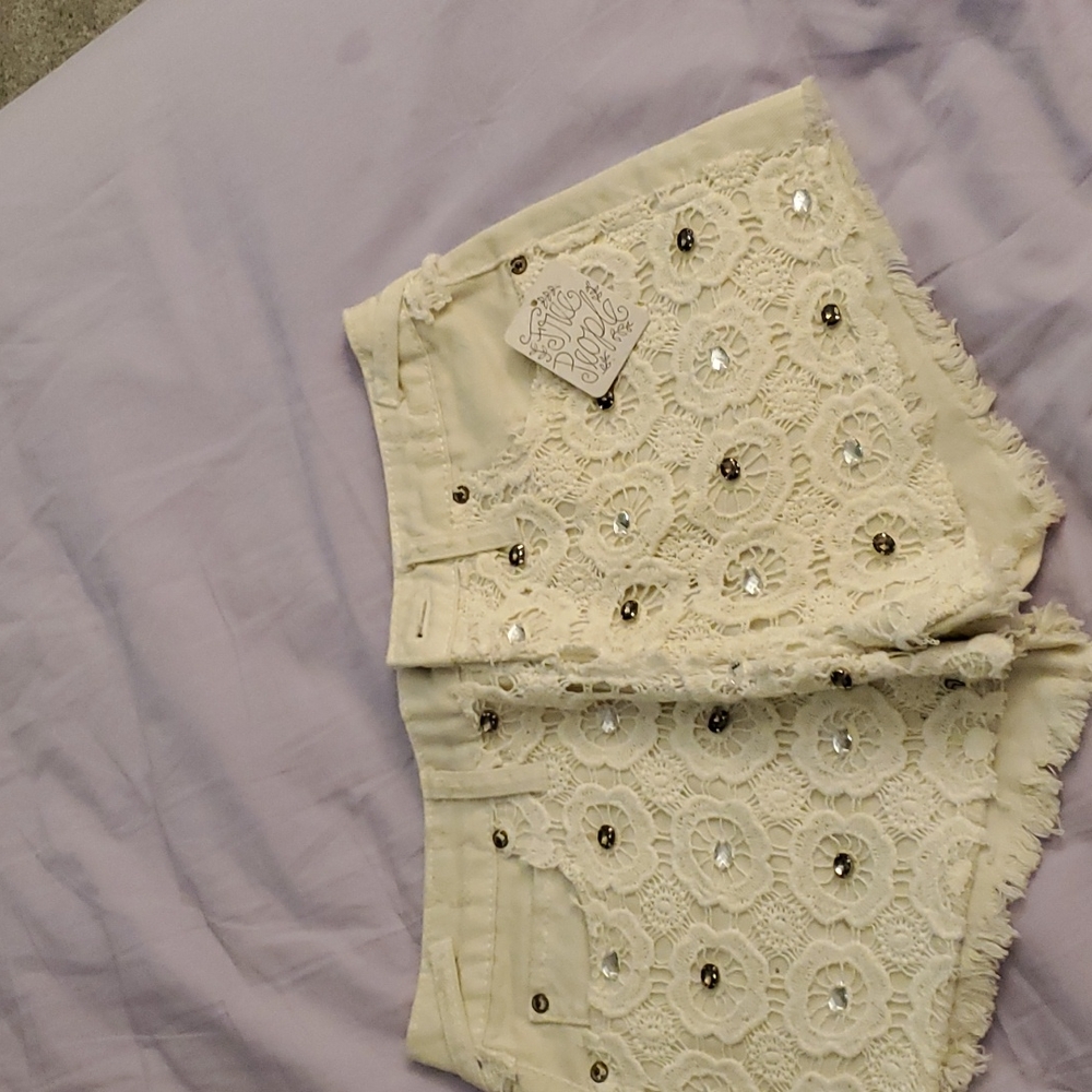 free people white jean shorts with beads and patterns NWT size 24